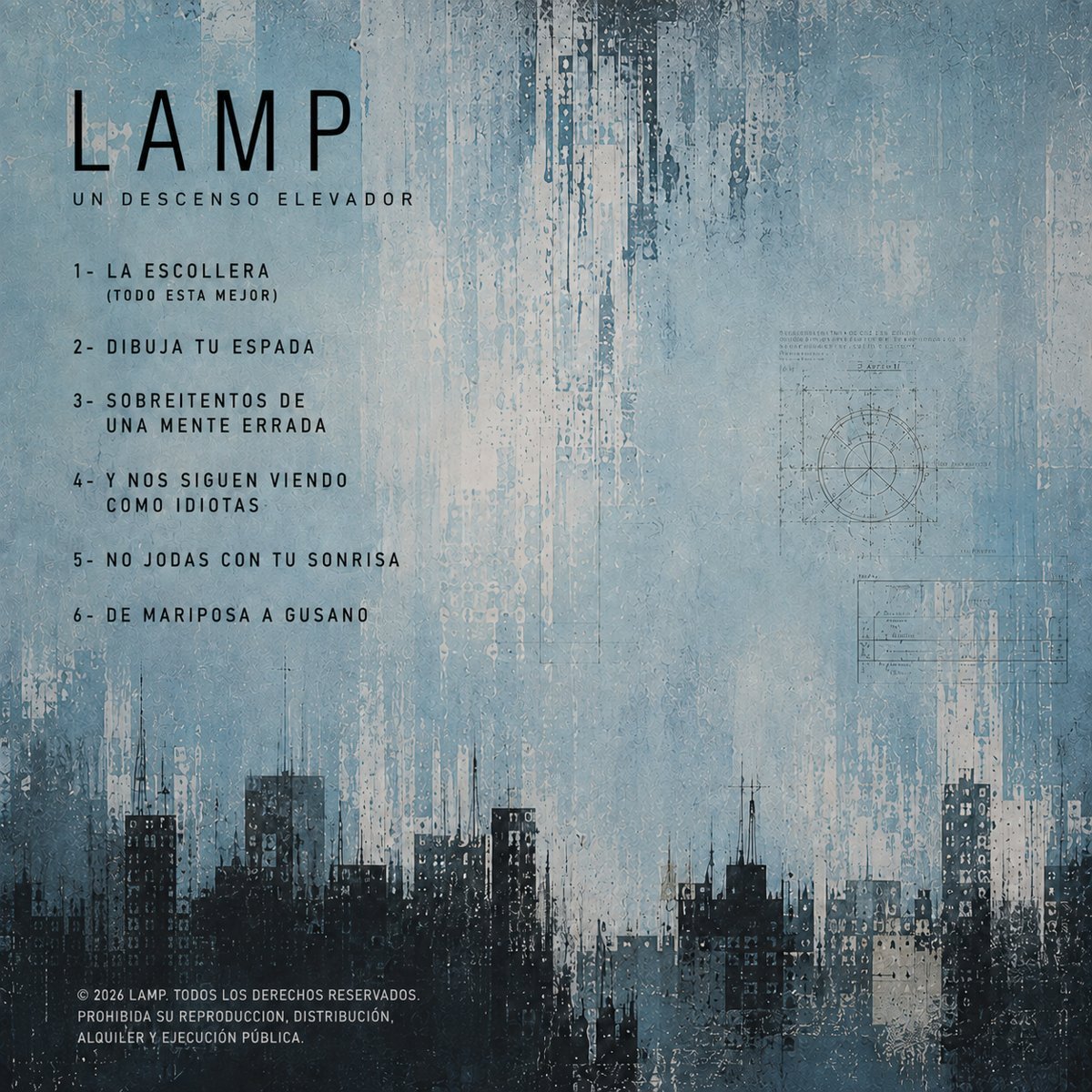 Contratapa del álbum LAMP — Un Descenso Elevador, con la lista de temas